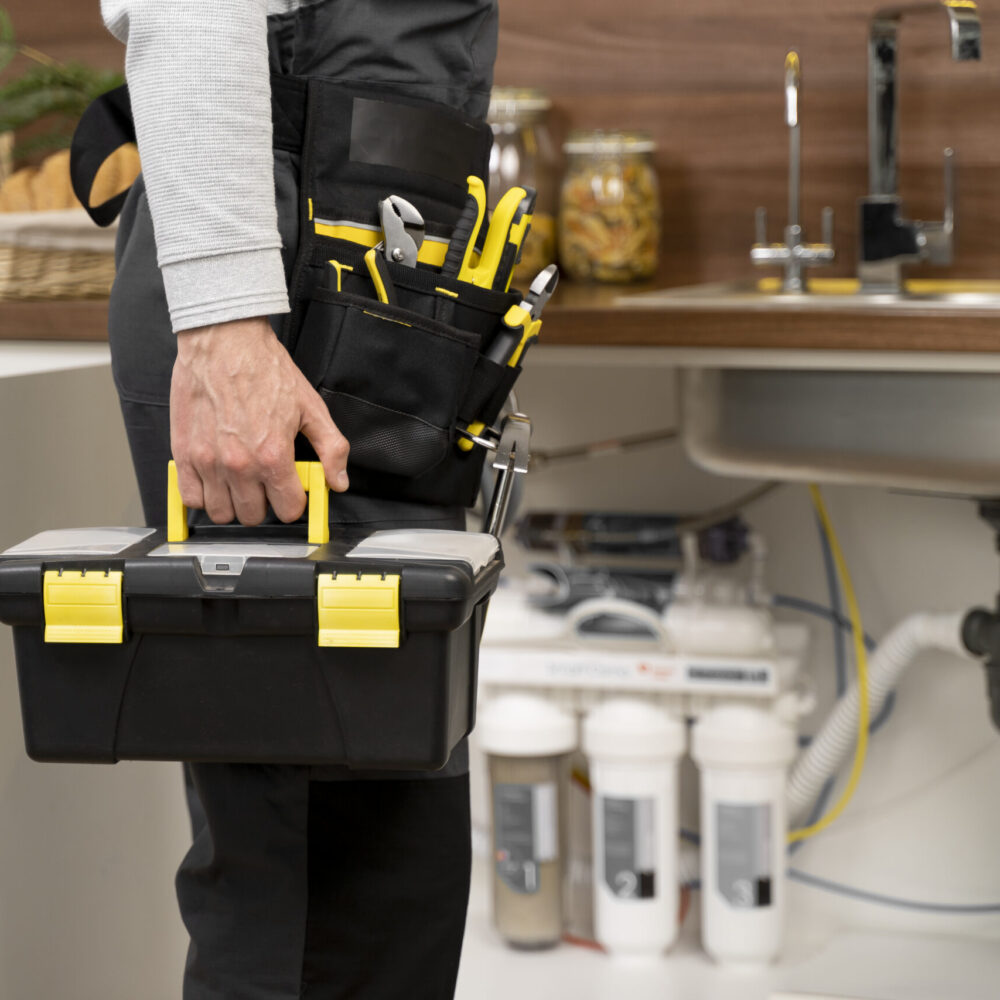 Service maintenance worker repairing