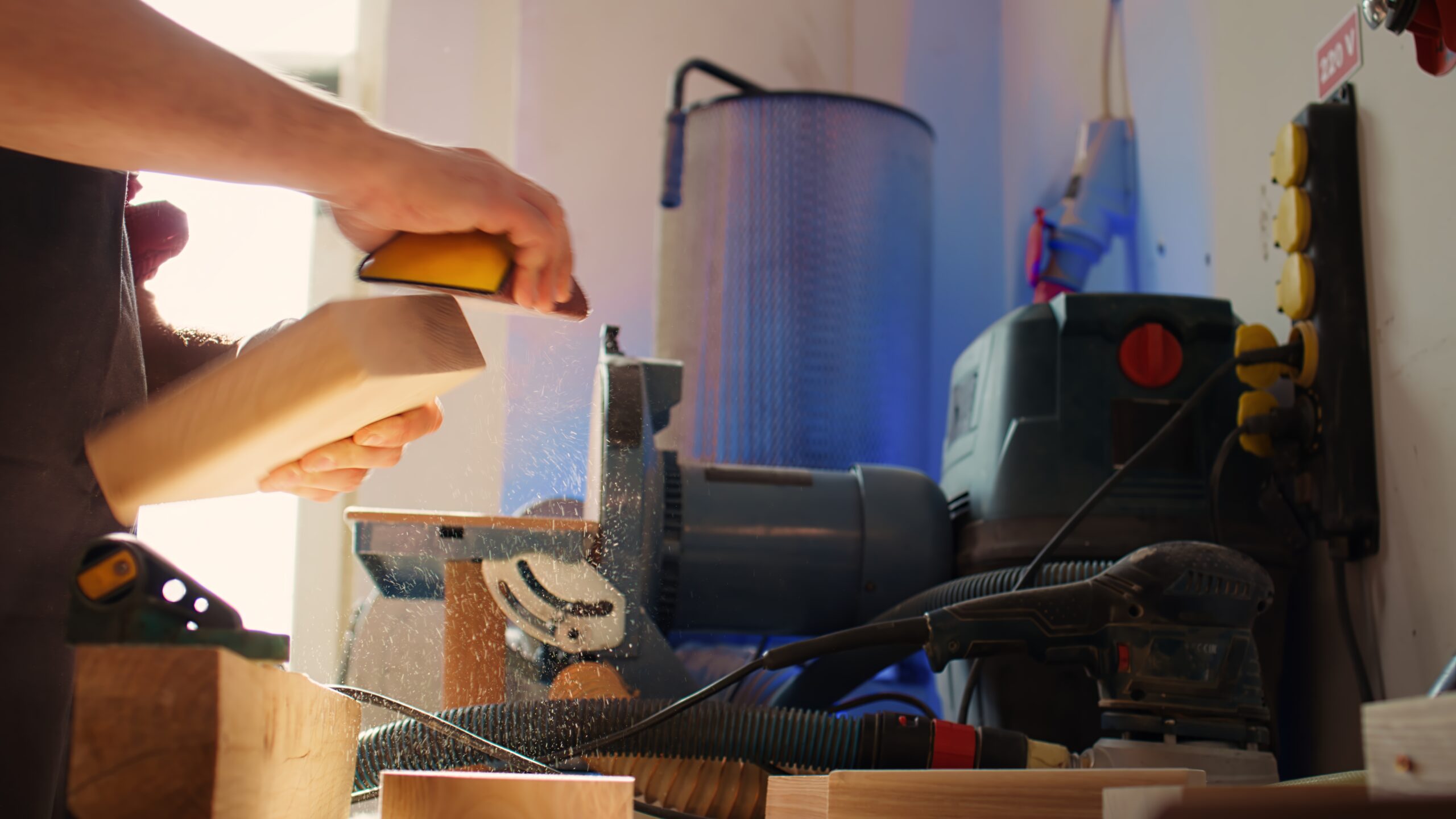Woodworking specialist using manual sandpaper to sander lumber