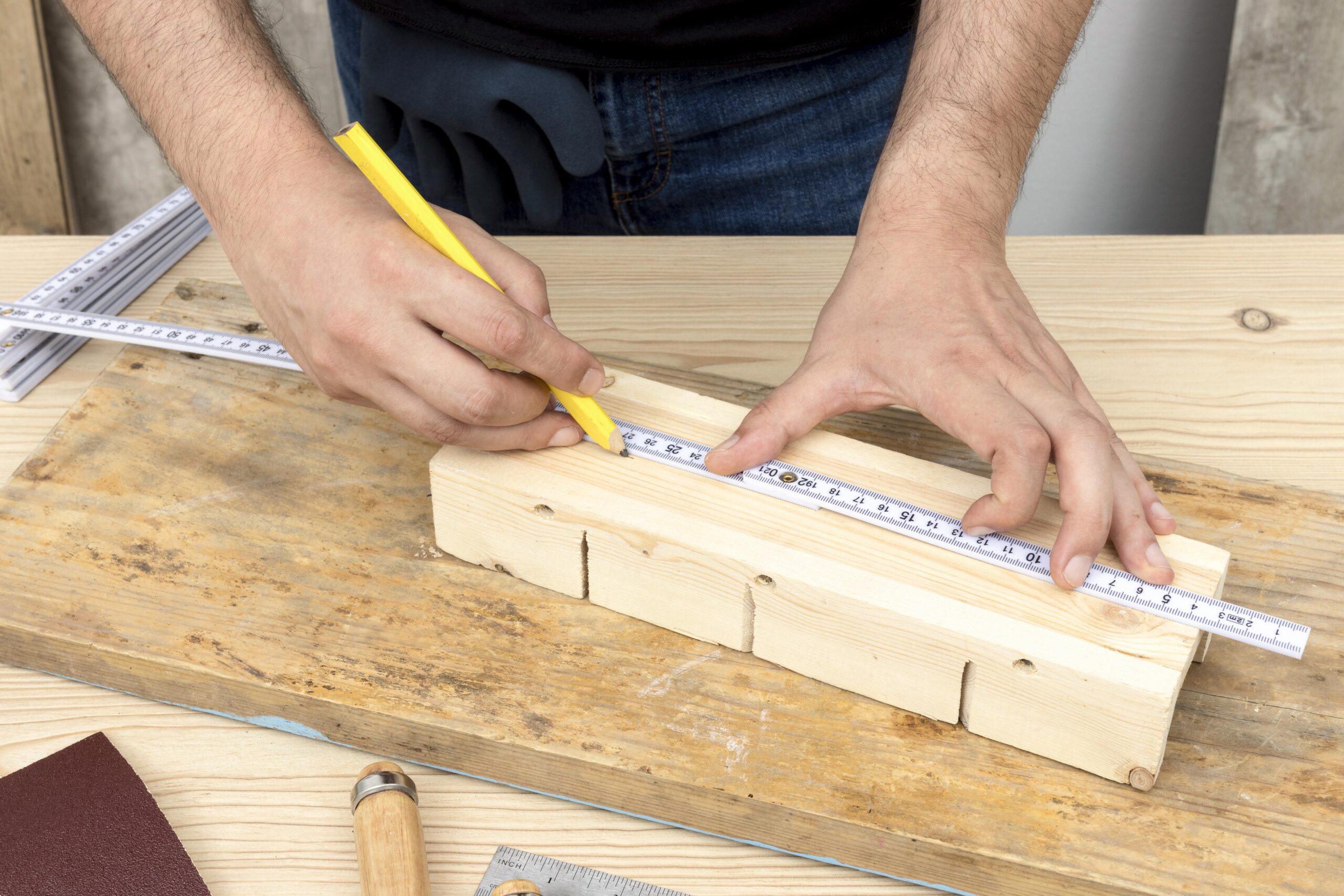 Carpentry concept ruler pencil high view